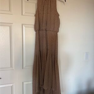 TAYLOR TAN POLKA DOT MOCK NECK BLOUSON SLEEVELESS MAXI DRESS SIZE 12